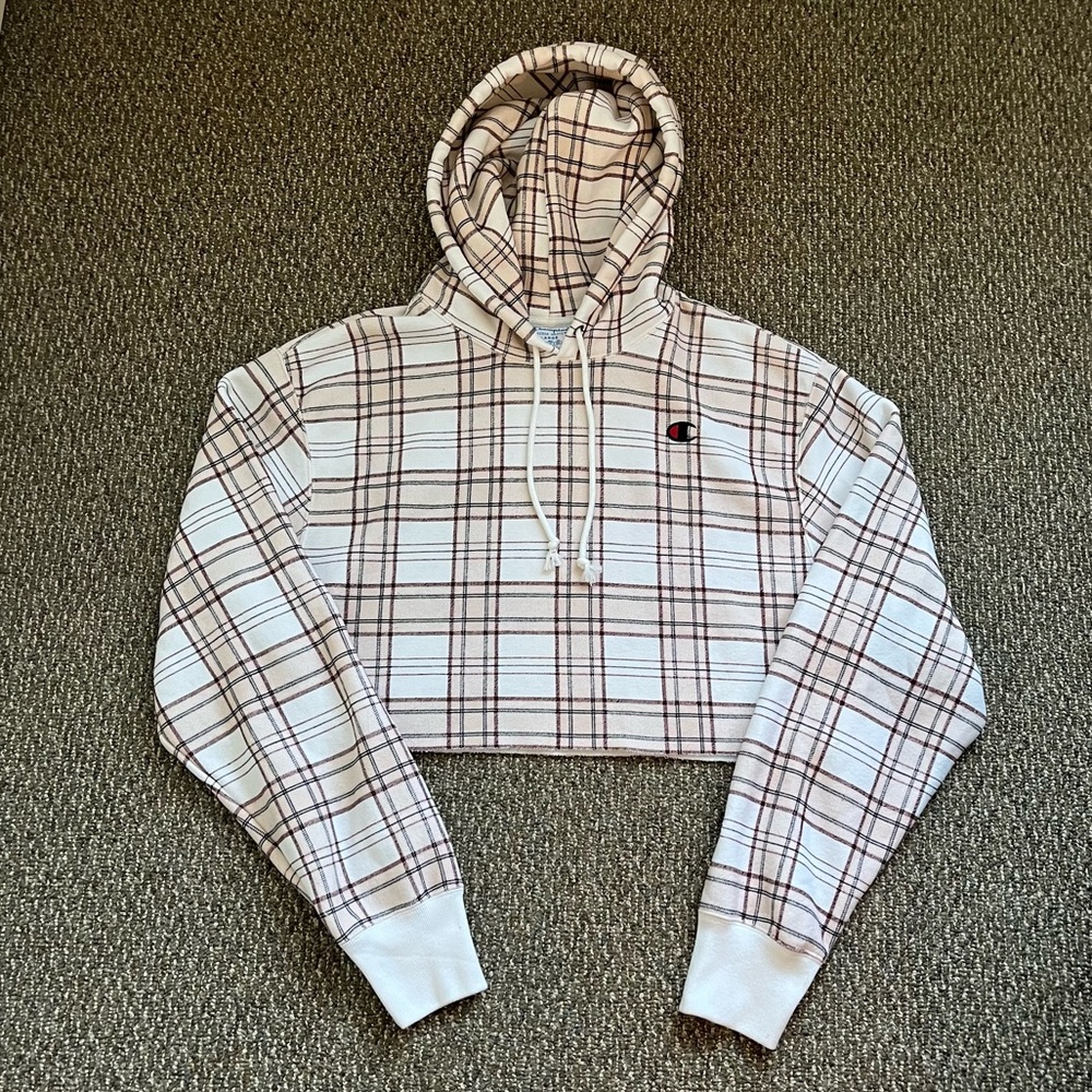 Champion Reverse Weave Checkered Crop Hoodie Womens L